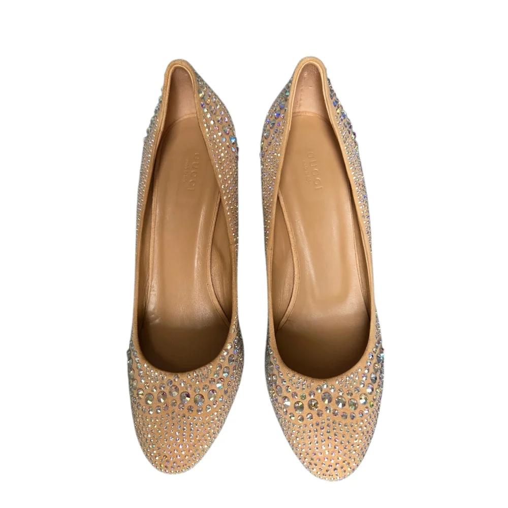 Gucci Aurora Swarovski Crystal Suede Pumps 338727 Champagne EU 41.5 Box - Picture 7 of 16